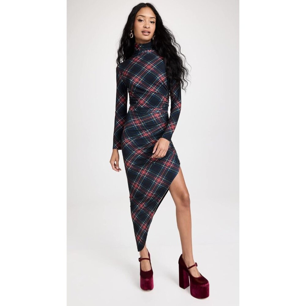 Norma Kamali Black Tartan Plaid Long Sleeve Turtle Neck Side Drape Gown - Picture 3 of 7